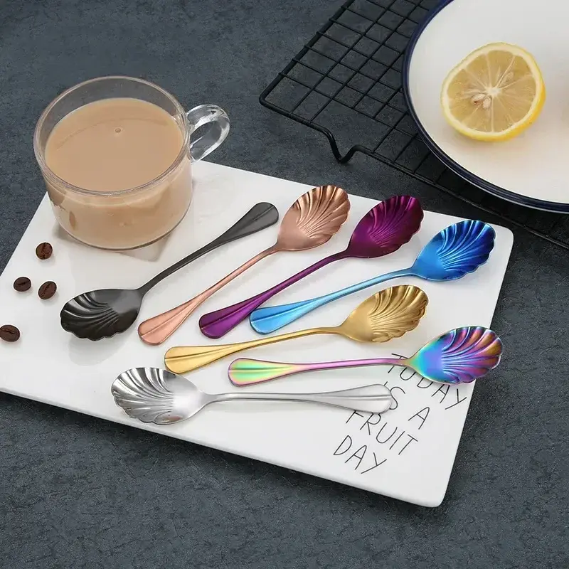 Colorful Shell Shape Stainless Steel Coffee Spoon Teaspoons Ice Cream Scoops Sugar Dessert Rainbow Tableware Home Kitchen Tools