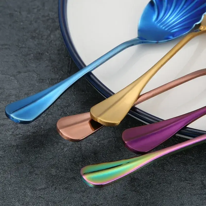 Colorful Shell Shape Stainless Steel Coffee Spoon Teaspoons Ice Cream Scoops Sugar Dessert Rainbow Tableware Home Kitchen Tools