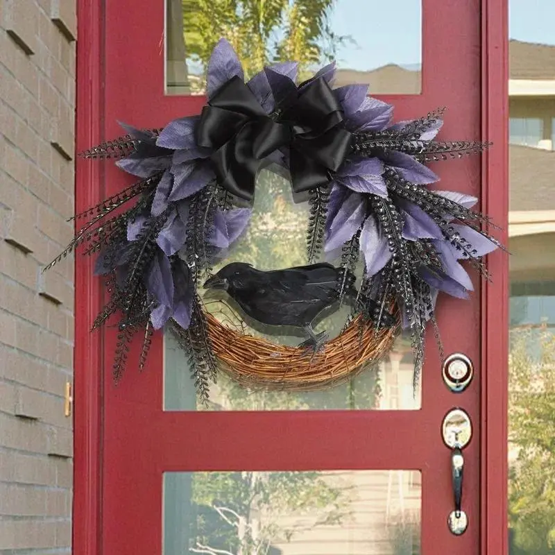 New Halloween Bow Crow Wreath Door Hanging Horror Party Decoration Artificial Vine Simulation Wreath Pendant Home Decoration