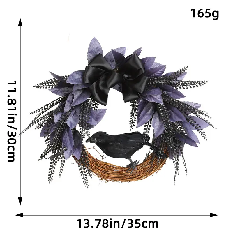 New Halloween Bow Crow Wreath Door Hanging Horror Party Decoration Artificial Vine Simulation Wreath Pendant Home Decoration