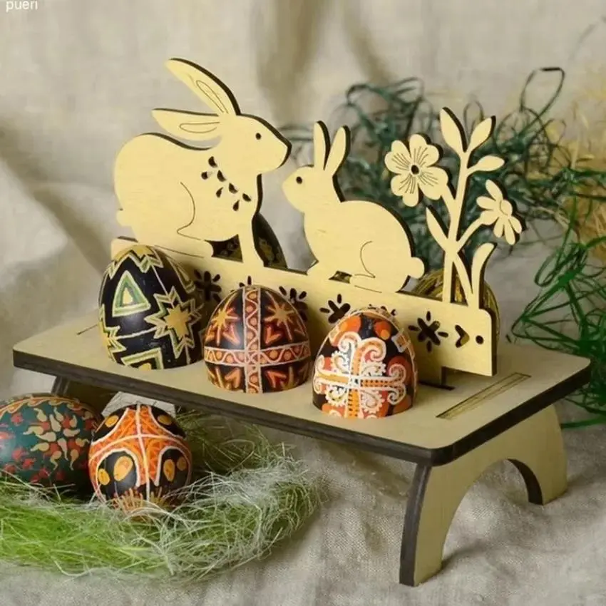 1 Pcs DIY Rabbit Chick Easter Eggs Tray Wooden Cute Party Decoration Home Decoration House Decoration Creative Home Supplies