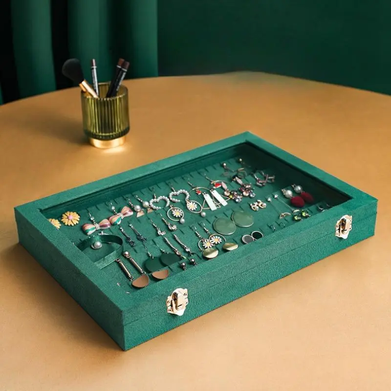 Fashion Creative Jewelry Storage Box Dark Green Earring Necklace Jewelry Box Large Transparent Glass Earrings Home Display Stand
