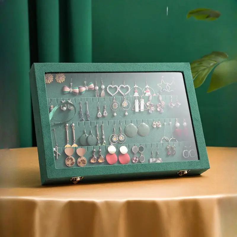 Fashion Creative Jewelry Storage Box Dark Green Earring Necklace Jewelry Box Large Transparent Glass Earrings Home Display Stand