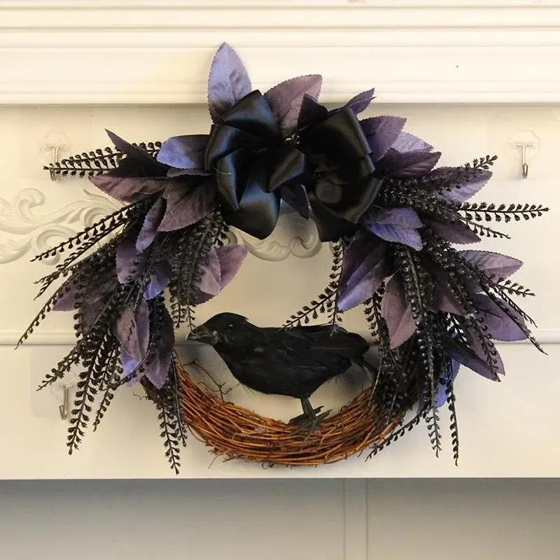 Halloween Bow Crow Garland Door Hanging Artificial Rattan Wreath Horror Party Decoration Pendant Gift Home Festival Decor Props