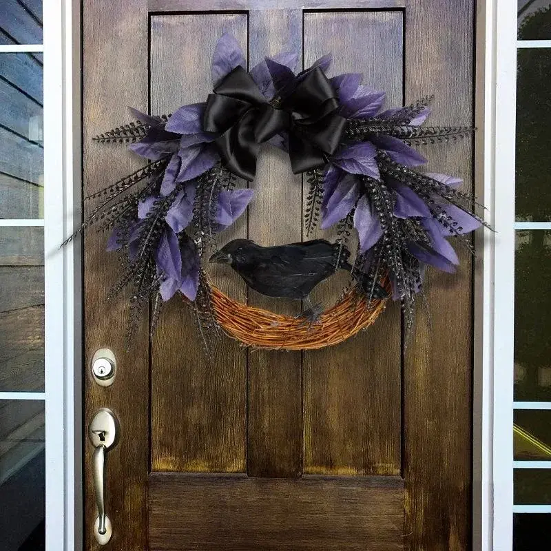 Halloween Bow Crow Garland Door Hanging Artificial Rattan Wreath Horror Party Decoration Pendant Gift Home Festival Decor Props
