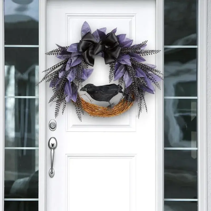 Halloween Bow Crow Garland Door Hanging Artificial Rattan Wreath Horror Party Decoration Pendant Gift Home Festival Decor Props
