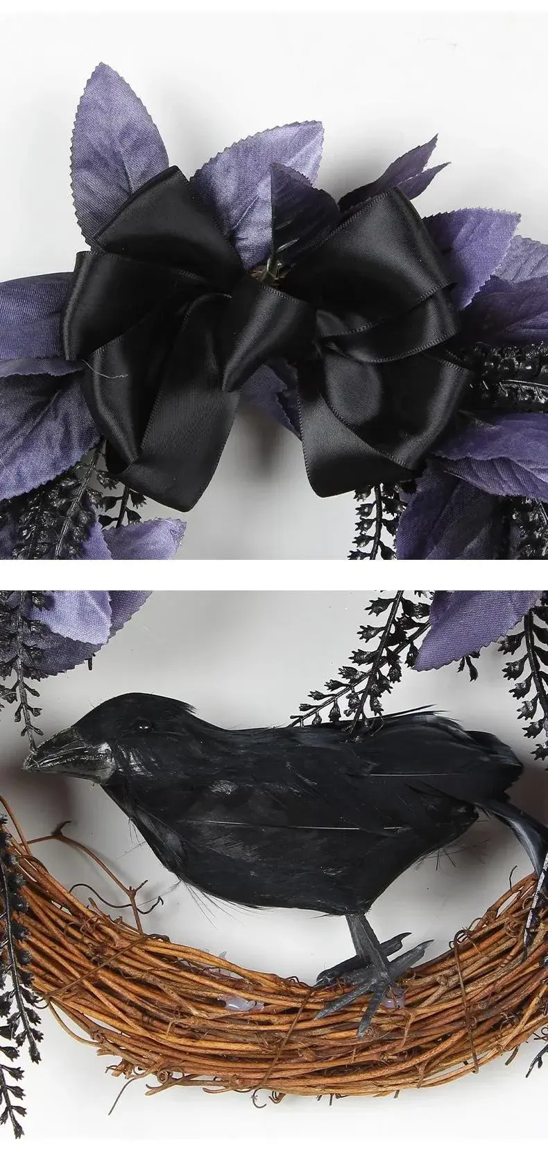 Halloween Bow Crow Garland Door Hanging Artificial Rattan Wreath Horror Party Decoration Pendant Gift Home Festival Decor Props