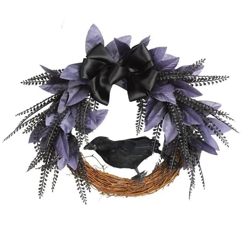 Halloween Bow Crow Garland Door Hanging Artificial Rattan Wreath Horror Party Decoration Pendant Gift Home Festival Decor Props