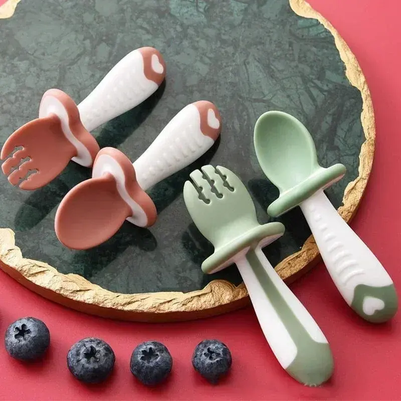 Practical Baby Spoon Fork Silicone Children's Tableware Set Feeding Baby Tableware Learning Spoon Set Short Simple Spoon