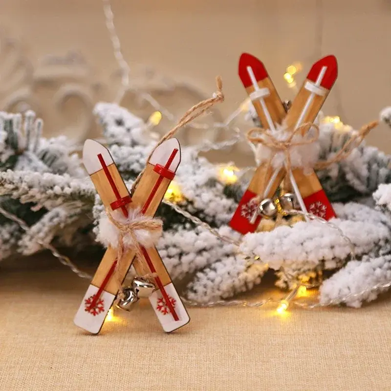 Doll House Mini Wooden Skis Crafts Supplies New Year Christmas Pendant Sled Christmas Tree Home Decor Gift