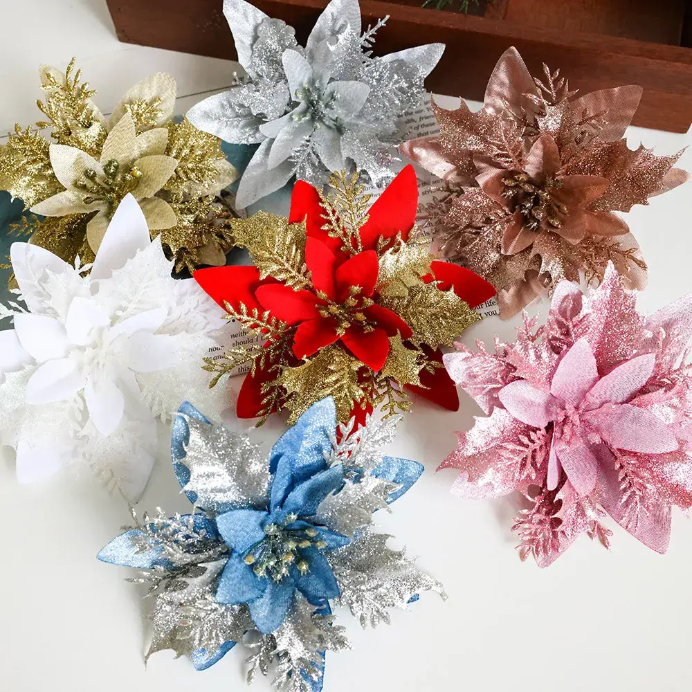 10pcs 14cm Glitter Artificial Christmas Flowers Christmas Tree Ornaments Merry Christmas Home Decorations New Year Gifts