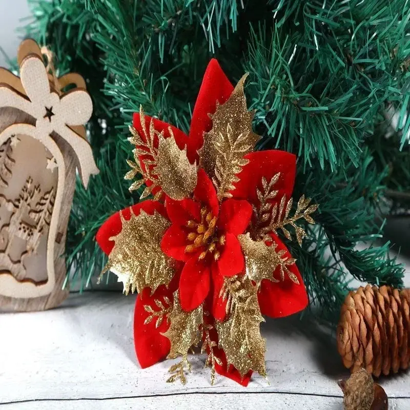 10pcs 14cm Glitter Artificial Christmas Flowers Christmas Tree Ornaments Merry Christmas Home Decorations New Year Gifts