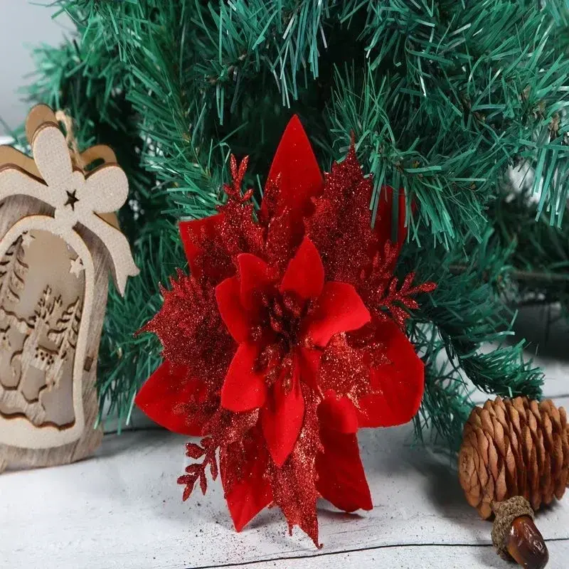 10pcs 14cm Glitter Artificial Christmas Flowers Christmas Tree Ornaments Merry Christmas Home Decorations New Year Gifts