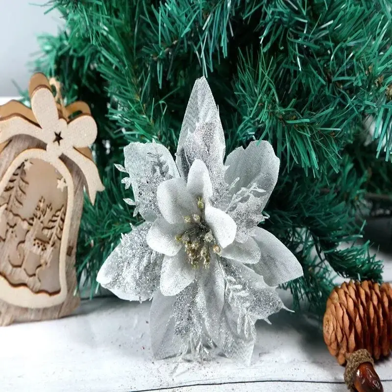 10pcs 14cm Glitter Artificial Christmas Flowers Christmas Tree Ornaments Merry Christmas Home Decorations New Year Gifts