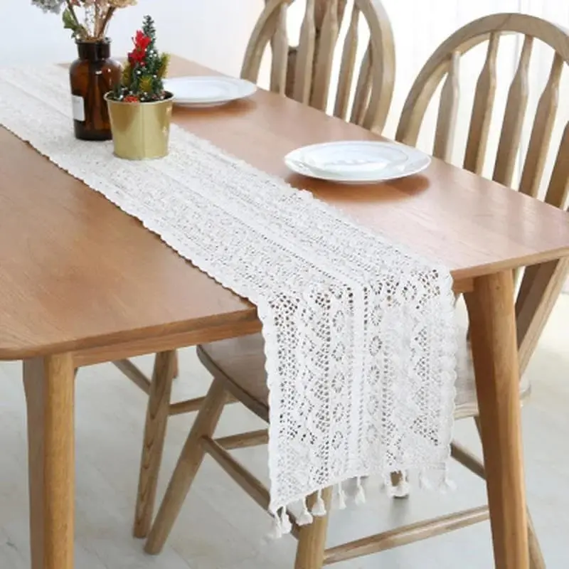 New Nordic Crochet Lace Table Runner With Tassel Hollow Tablecloth Romance Wedding Party Table Protector Cover Table Cloth