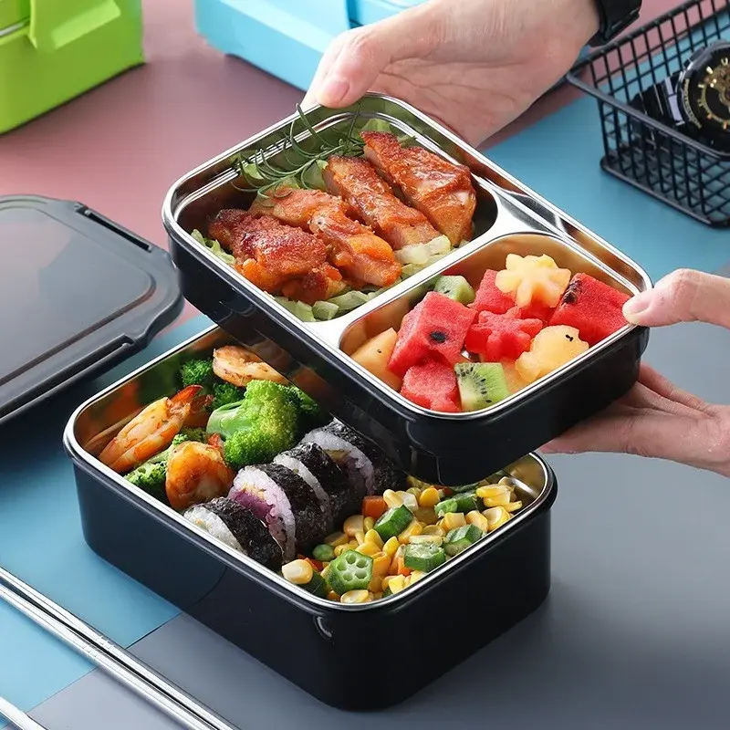 New Double Layer Bento Lunch Box PP Cute Meal Box 304stainless Steel Tableware Bento Lunch Box Home Kitchen Supplies