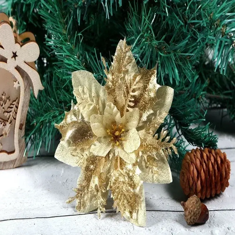 10pcs 14cm Glitter Artificial Christmas Flowers Christmas Tree Ornaments Merry Christmas Home Decorations New Year Gifts