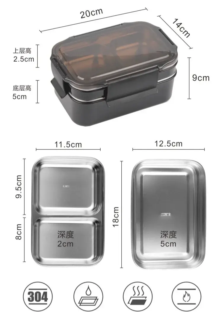 New Double Layer Bento Lunch Box PP Cute Meal Box 304stainless Steel Tableware Bento Lunch Box Home Kitchen Supplies