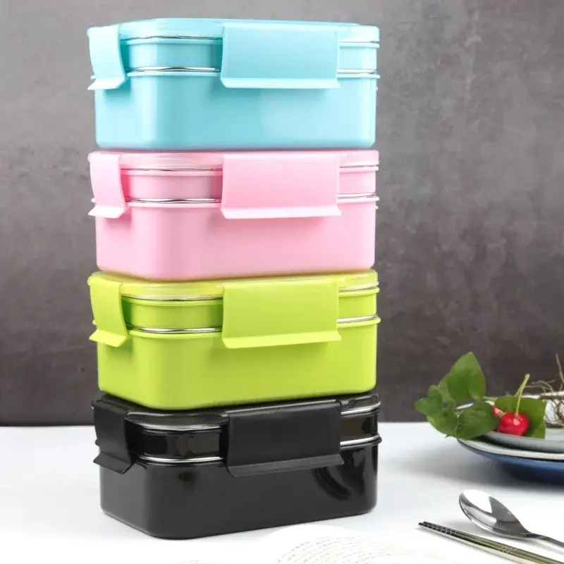 New Double Layer Bento Lunch Box PP Cute Meal Box 304stainless Steel Tableware Bento Lunch Box Home Kitchen Supplies