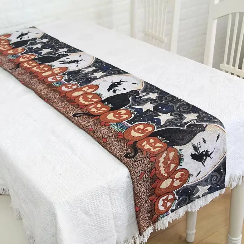 Decorative Table Runner Linen Tablecloth with Tassels for Halloween Easter Dinner Supplies Home Decorations