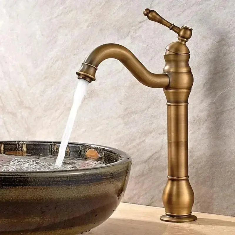 New Ceramic Antique Copper Faucet Bath 360° Swivel Single Hole Faucet Retro Long Neck Mixing Sink Faucet Matching Pop-up Drain