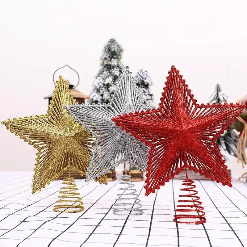 New Three Dimensional Five Pointed Star Christmas Tree Top Gold Glitter Iron Decorations Christmas Window Scene Layout