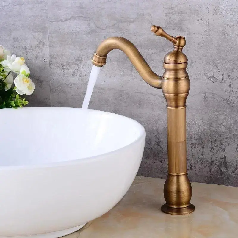 New Ceramic Antique Copper Faucet Bath 360° Swivel Single Hole Faucet Retro Long Neck Mixing Sink Faucet Matching Pop-up Drain
