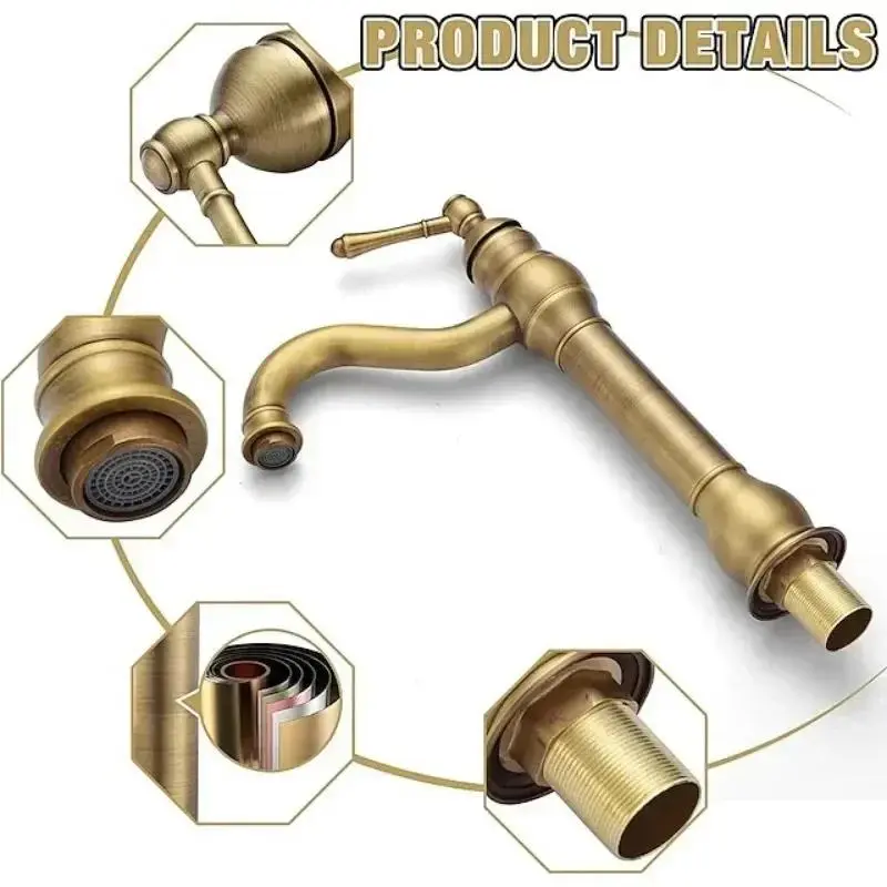 New Ceramic Antique Copper Faucet Bath 360° Swivel Single Hole Faucet Retro Long Neck Mixing Sink Faucet Matching Pop-up Drain