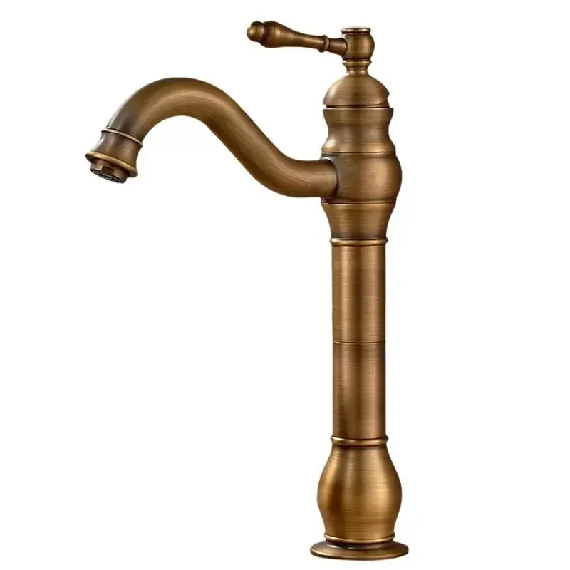 New Ceramic Antique Copper Faucet Bath 360° Swivel Single Hole Faucet Retro Long Neck Mixing Sink Faucet Matching Pop-up Drain