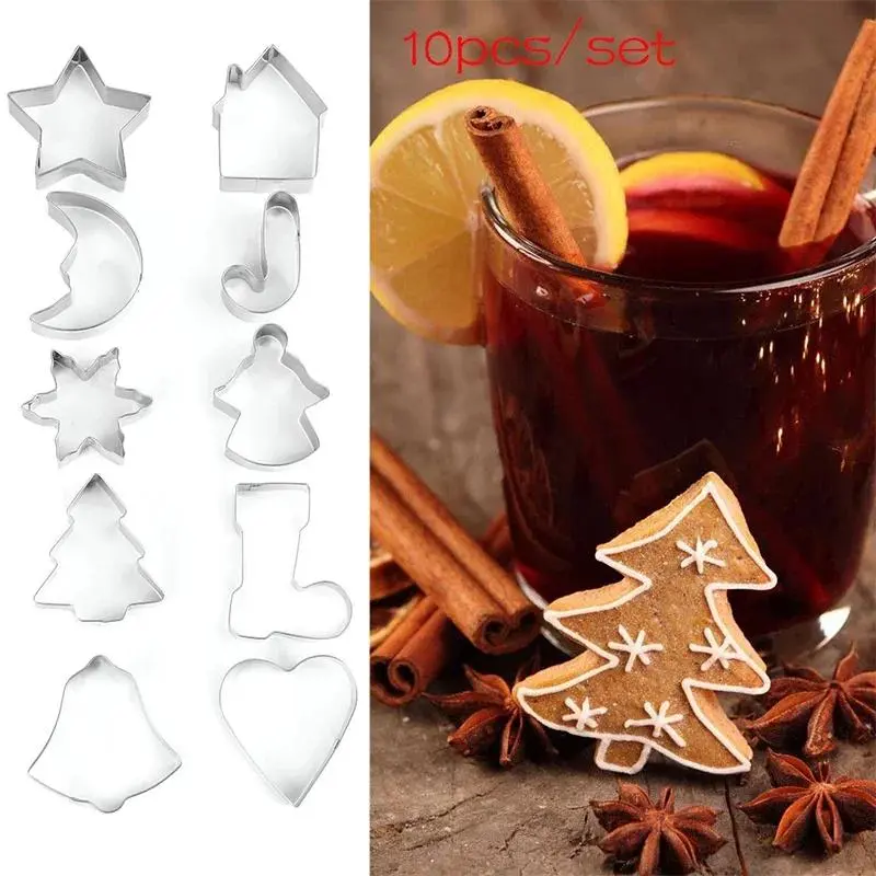 New 10Pcs/set Christmas Cookie Cutter Stainless Steel Cut Candy Biscuit Mold Cooking Tools Christmas Theme Cutters Baking