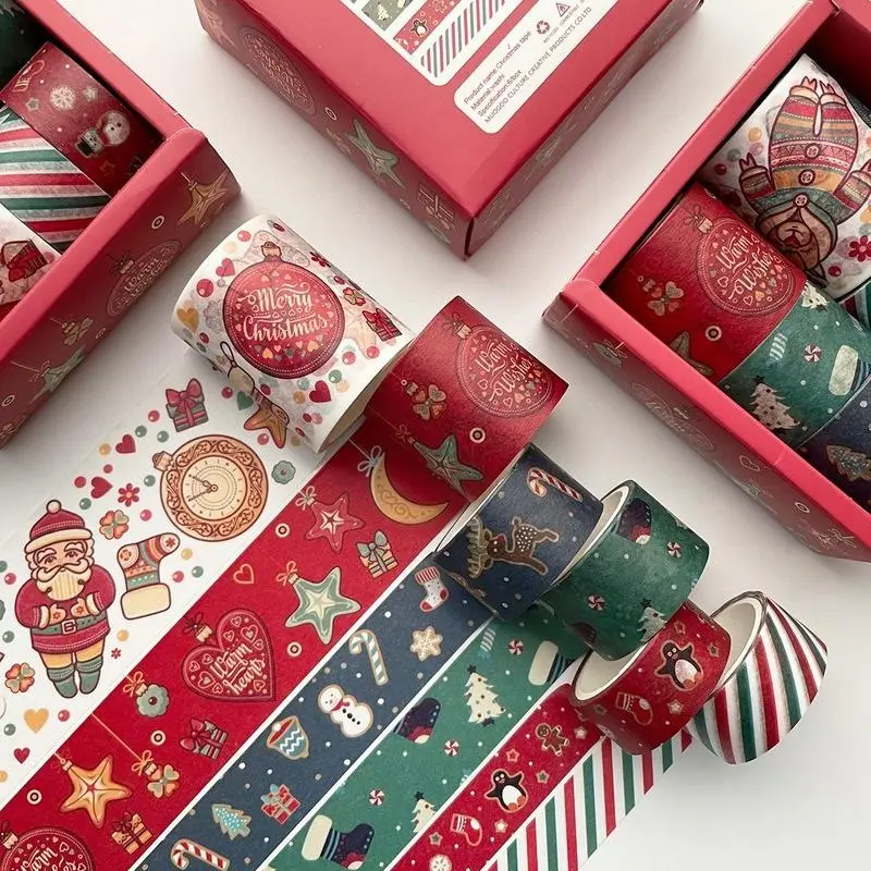 New 6Rolls/ Box Christmas Pattern Tape Xmas Gift Decorative 3 Meters Merry Christmas Masking Tape Set Scrapbooking Sticker Label