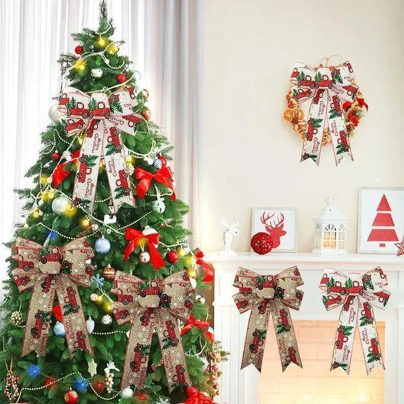 Creative Christmas Ribbon Bow Imitation Hemp Truck Pattern Printed Hanging Decoration Christmas Tree Decor Bow Spot Wholesale