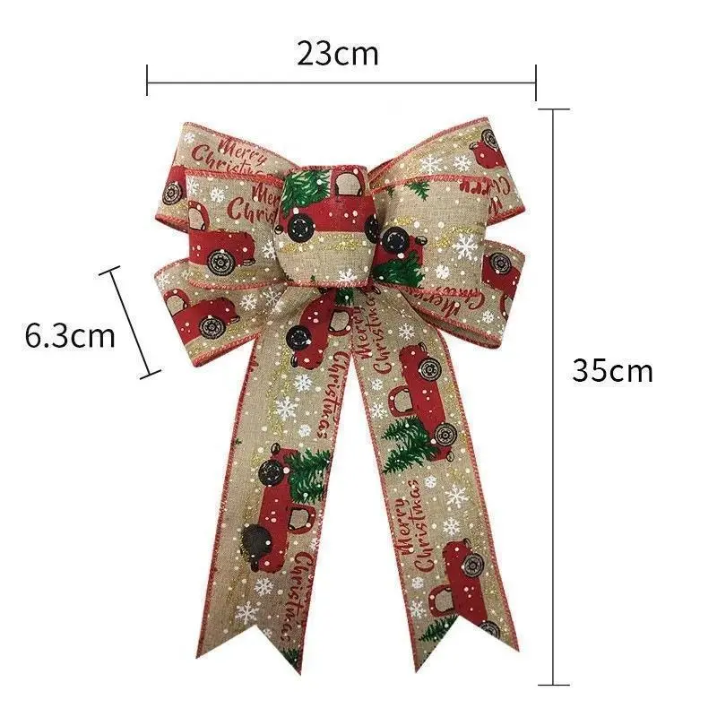 Creative Christmas Ribbon Bow Imitation Hemp Truck Pattern Printed Hanging Decoration Christmas Tree Decor Bow Spot Wholesale