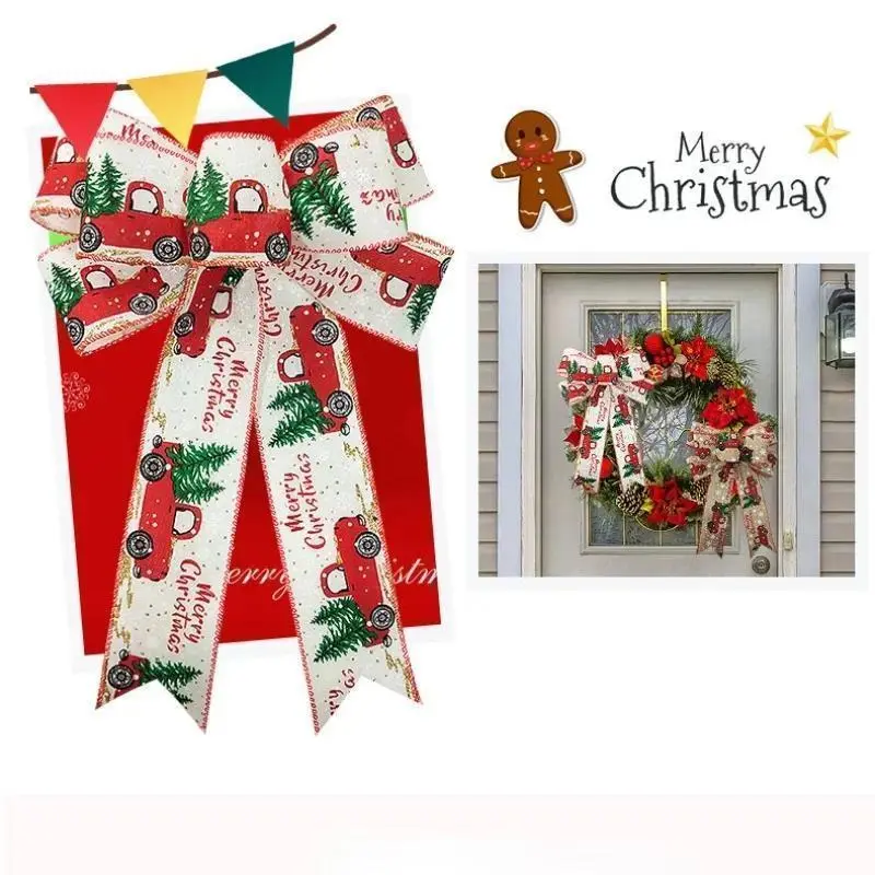 Creative Christmas Ribbon Bow Imitation Hemp Truck Pattern Printed Hanging Decoration Christmas Tree Decor Bow Spot Wholesale