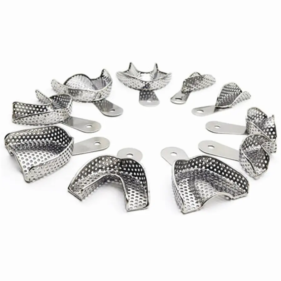 10Pcs Stainless Steel Dental Impression Trays Upper Lower Teeth Holder Denspay Autoclavable Denture Teeth Tray Dental Lab Tools