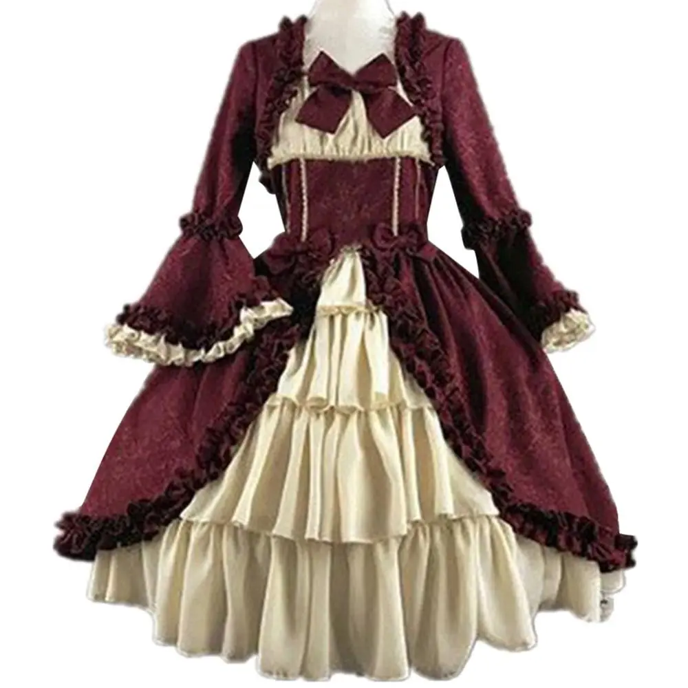 Women's Vintage  Medieval Victorian Court Lace Stitching Dress Square Neck Tight Waist Bowknot Medieval Dress Elegant Cake Dress