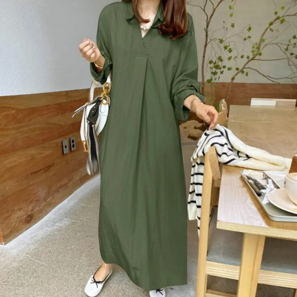 Ladies Spring Dress Loose Lapel Long Sleeve Solid Color V Neck Soft Breathable Oversized Straight Ankle Length Casual Maxi Dress