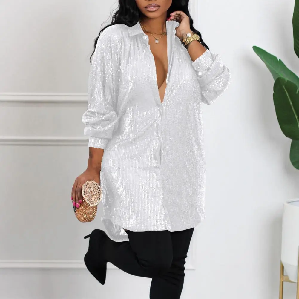 2025 Women Shirt Dress Shiny Sequin Single-breasted Turn-down Collar Long Sleeve Buttons Mid Length Cardigan Blouse Mini Dress