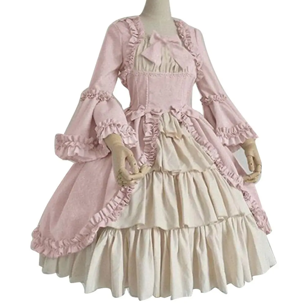 Women's Vintage  Medieval Victorian Court Lace Stitching Dress Square Neck Tight Waist Bowknot Medieval Dress Elegant Cake Dress