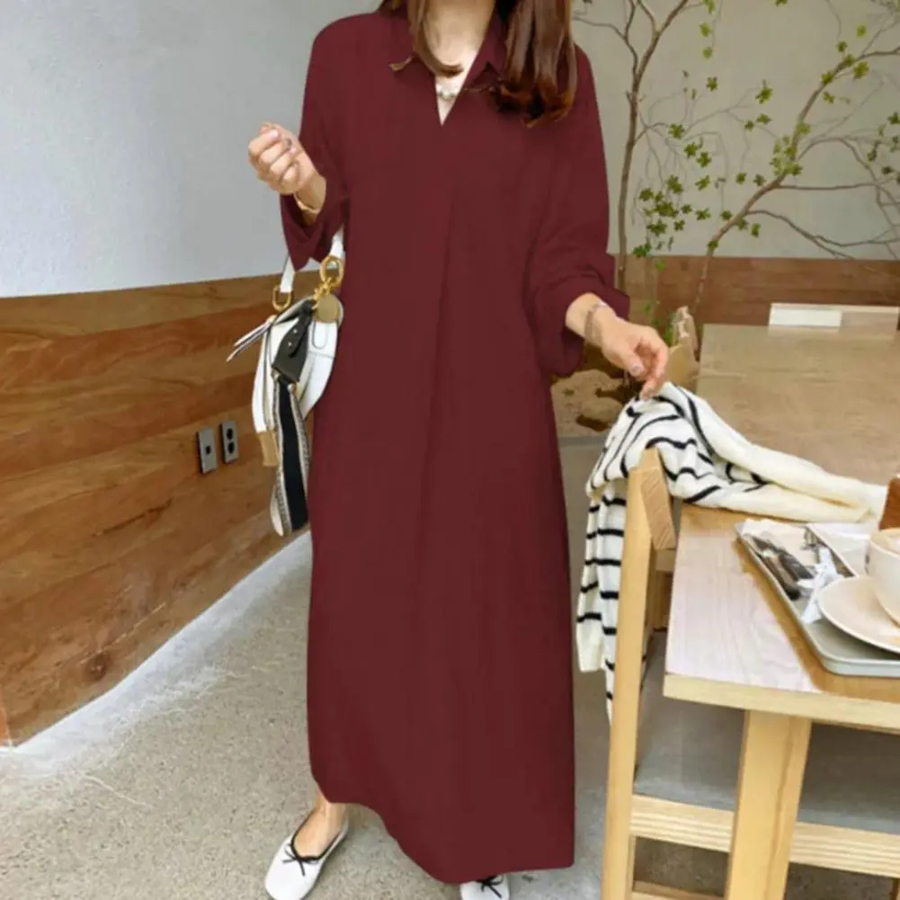 Ladies Spring Dress Loose Lapel Long Sleeve Solid Color V Neck Soft Breathable Oversized Straight Ankle Length Casual Maxi Dress