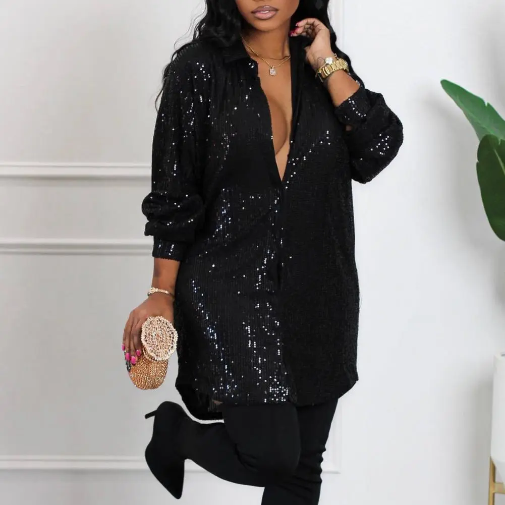 2025 Women Shirt Dress Shiny Sequin Single-breasted Turn-down Collar Long Sleeve Buttons Mid Length Cardigan Blouse Mini Dress