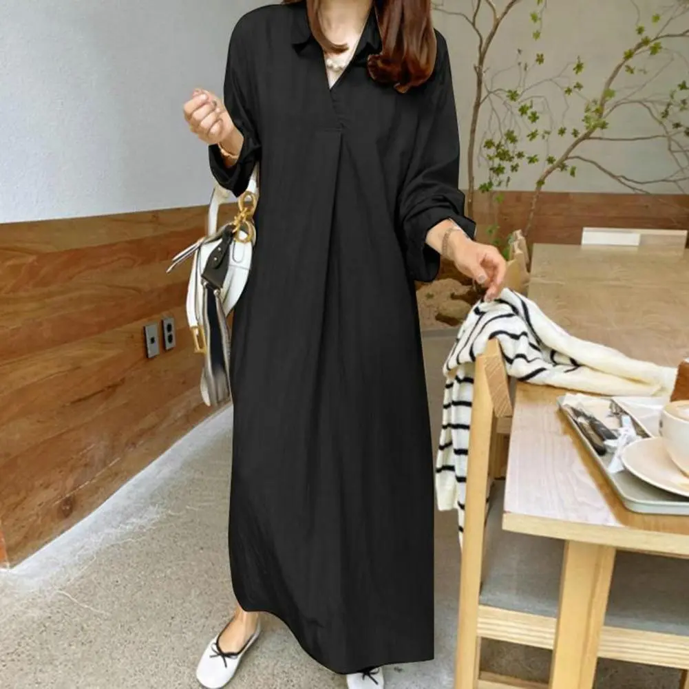 Ladies Spring Dress Loose Lapel Long Sleeve Solid Color V Neck Soft Breathable Oversized Straight Ankle Length Casual Maxi Dress