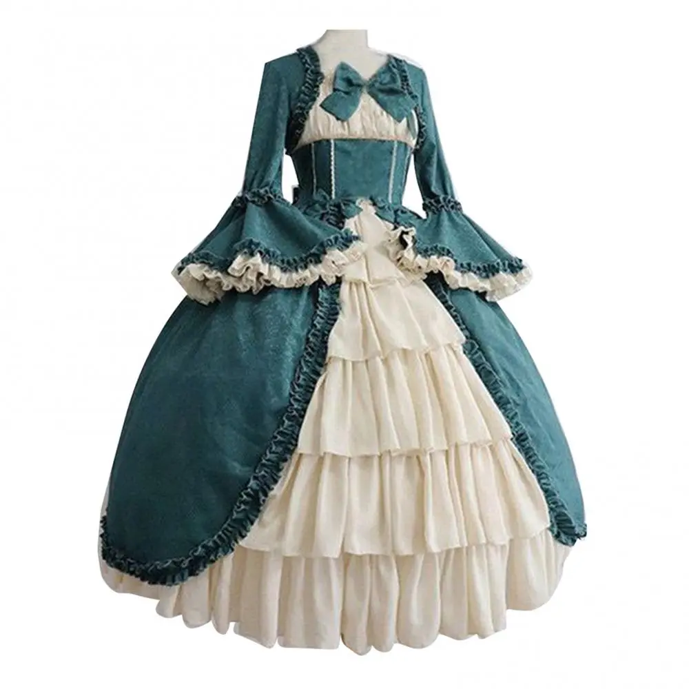 Women's Vintage  Medieval Victorian Court Lace Stitching Dress Square Neck Tight Waist Bowknot Medieval Dress Elegant Cake Dress