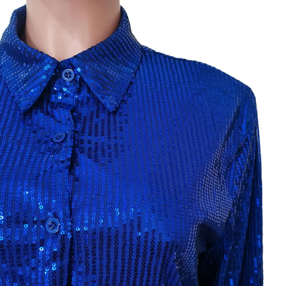2025 Women Shirt Dress Shiny Sequin Single-breasted Turn-down Collar Long Sleeve Buttons Mid Length Cardigan Blouse Mini Dress