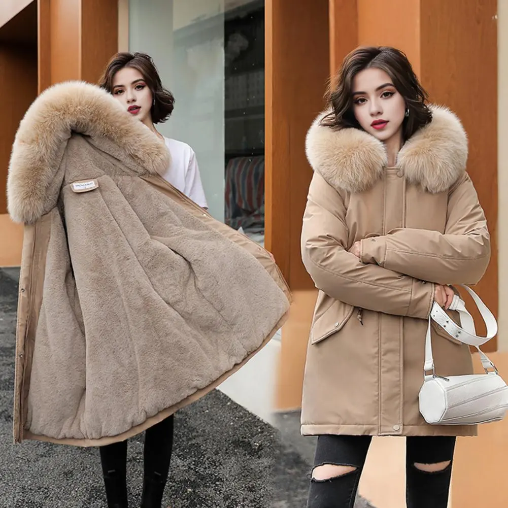 2024 Down Cotton Coat Women's Thickened Padded Parkas Plush Fur Hood Winter Cotton Coat Drawstring Trech Style Women Down Jacket