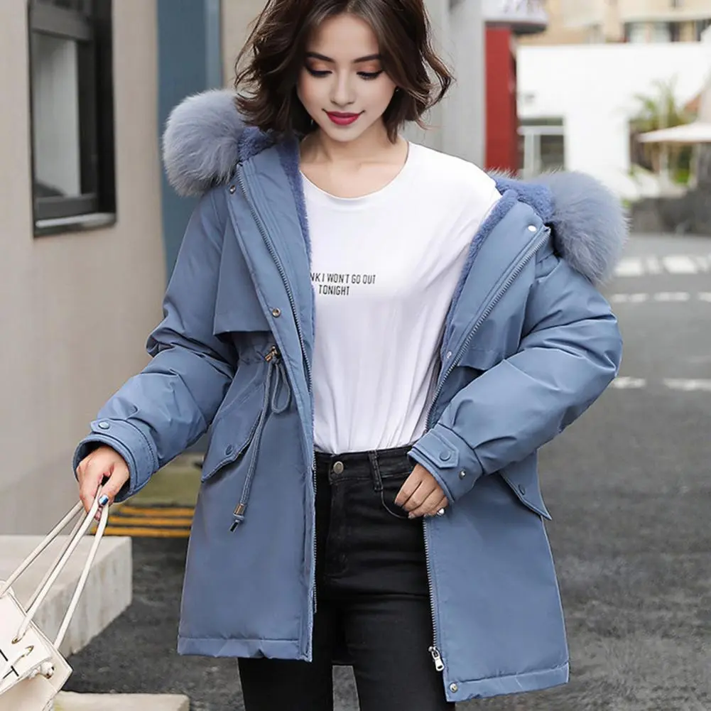 2024 Down Cotton Coat Women's Thickened Padded Parkas Plush Fur Hood Winter Cotton Coat Drawstring Trech Style Women Down Jacket