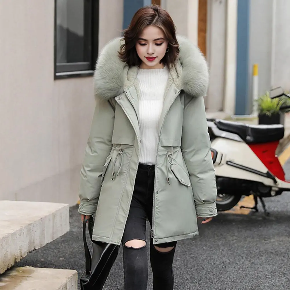 2024 Down Cotton Coat Women's Thickened Padded Parkas Plush Fur Hood Winter Cotton Coat Drawstring Trech Style Women Down Jacket