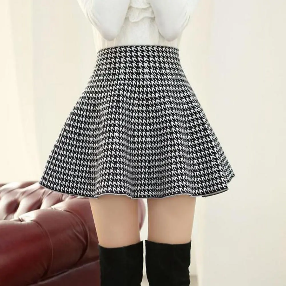 Houndstooth Korean Pleated Skirt Elegant High Waist Zipper High Waist A Line Mini Skirt Autumn Winter Trendy Short Skater Skirt
