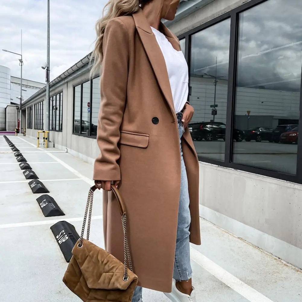 Women Coat Elegant Long Female All Match Long Sleeve Button Placket Winter Overcoat Suit Collar Long Trench Coat