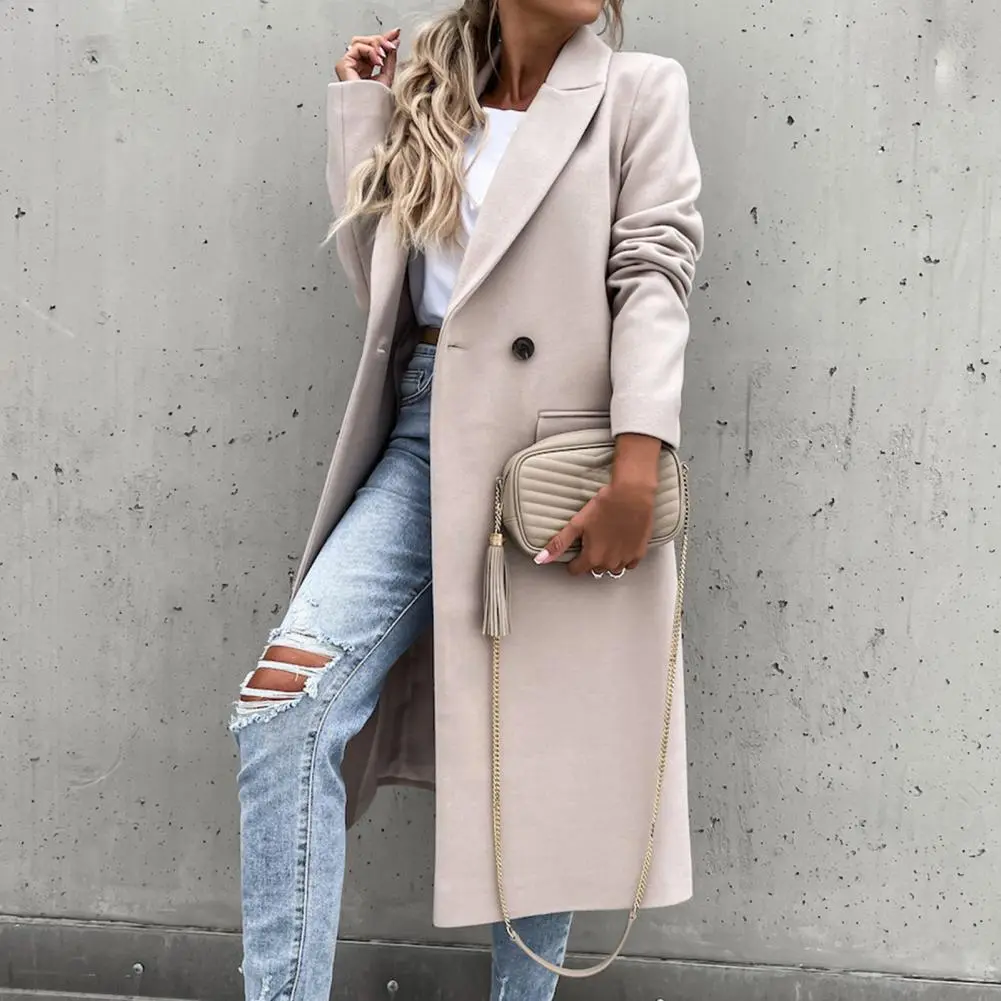 Women Coat Elegant Long Female All Match Long Sleeve Button Placket Winter Overcoat Suit Collar Long Trench Coat